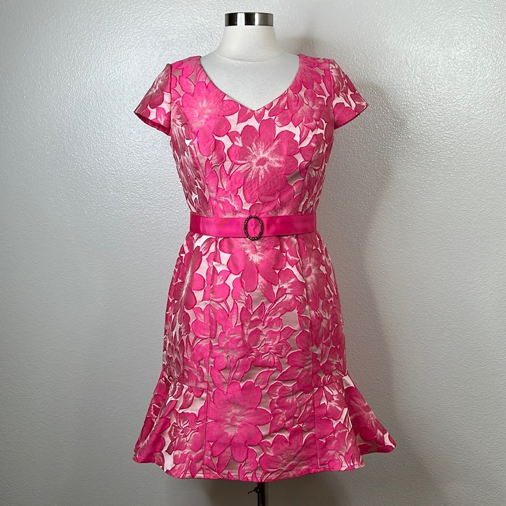 Rickie Freeman TERI JON Pink Floral Brocade Cocktail Dress